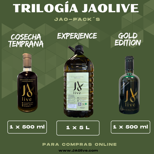TRILOGIA JAOlive (Cosecha temprana 500ml + Gold 500ml + 5L Experience)